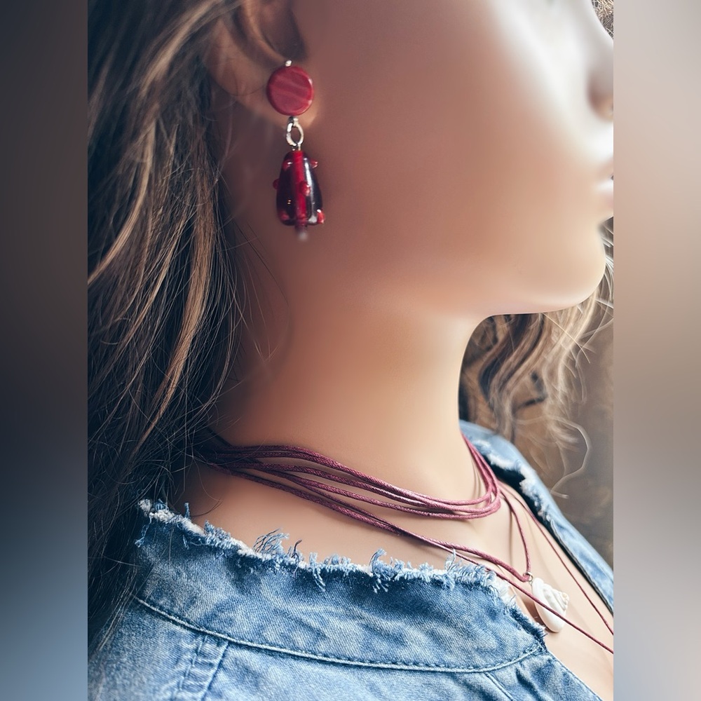 OOAK Red Czech Glass Dangle Earrings Vampy Goth Vintage Spiderwear 12” long Red
